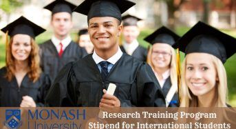 Monash Research Training Programme Stipend for International Students in Australia, 2020